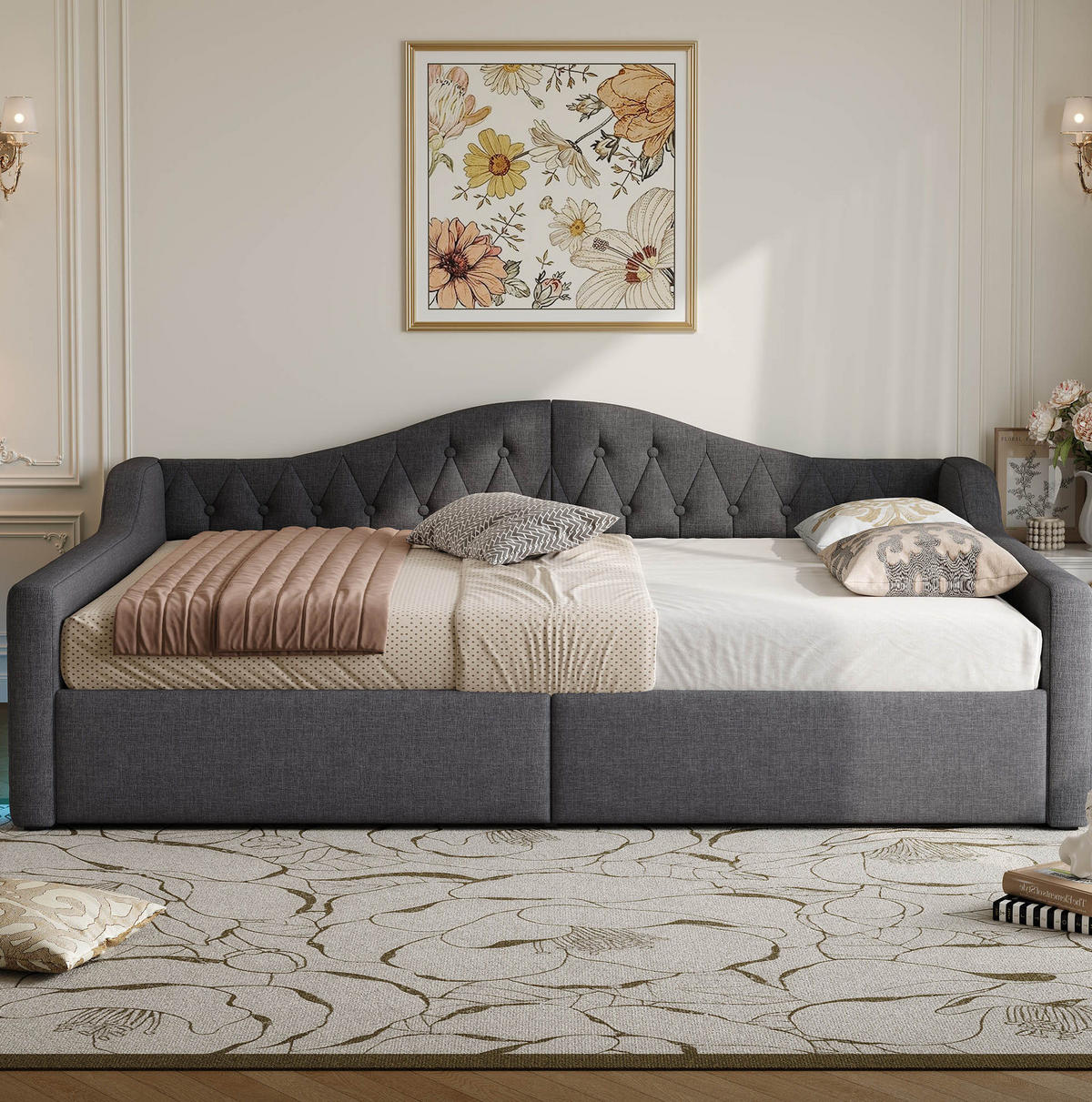 TAGESBETT 140/200 cm mit LED-Beleuchtung, Stauraum und Leinenpolsterung, Grau - Grau, Holzwerkstoff (140/200cm) - Redom
