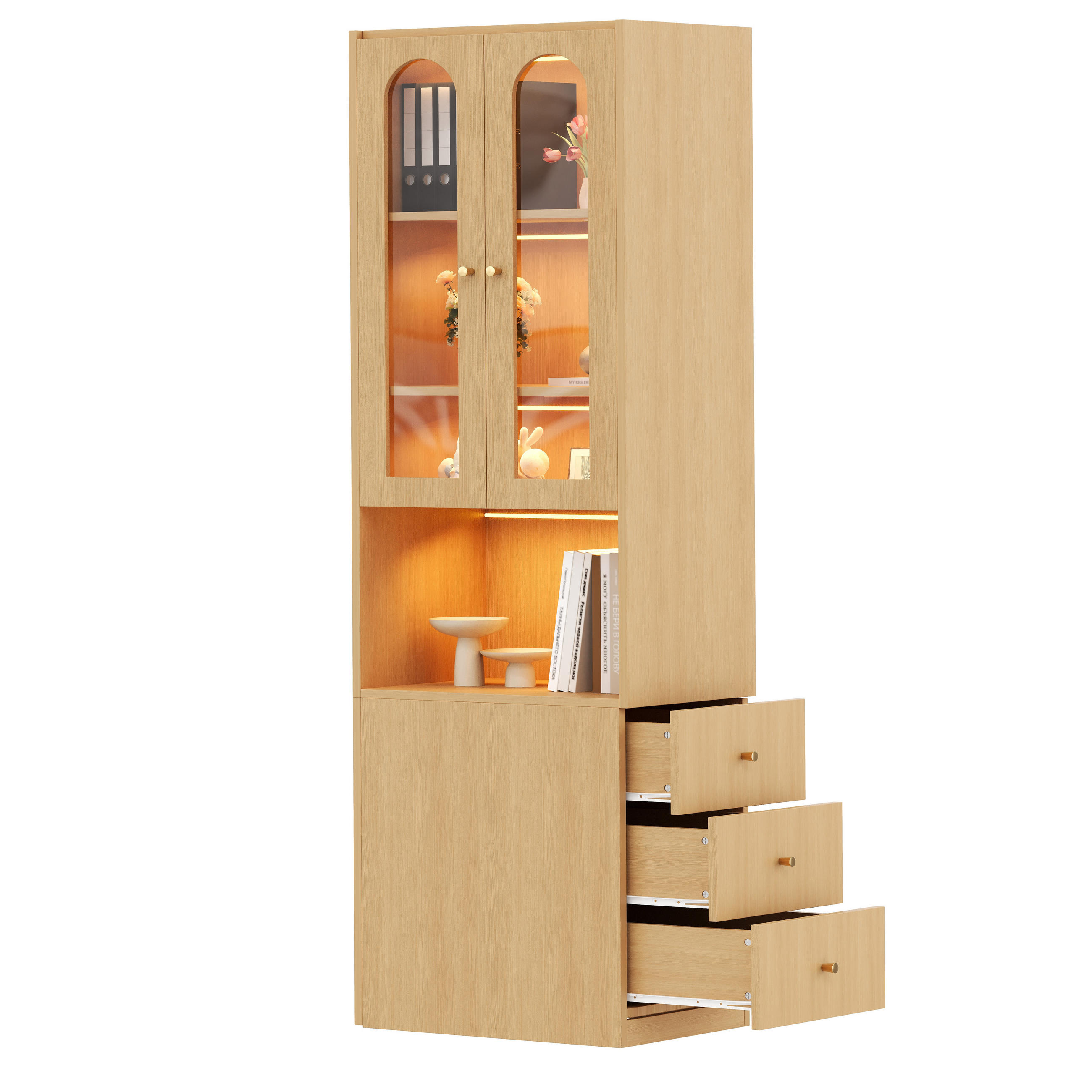 BÜCHERREGAL Eiche 60×40×200 cm aus MDF mit LED Glasvitrine seitlichen Schubladen und Kippschutz - Naturfarben, Holzwerkstoff (60/200/40cm) - Luhomfu