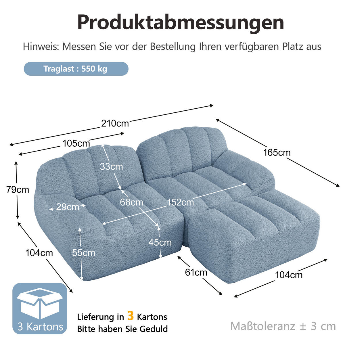 ECKSOFA DE-34312 2-Sitzer mit Ottoman Blau - Blau, Textil (165/210cm) - ComfortXL