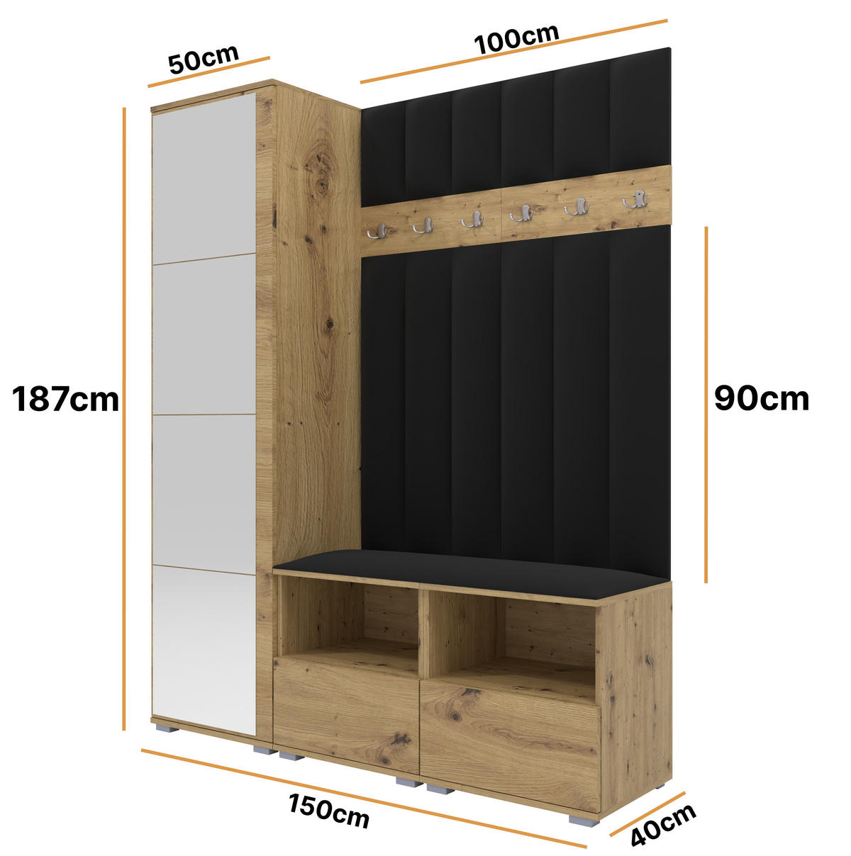 GEPOLSTERT Garderoben-Set Nela II LUX (Spiegel – Farbe Eiche Artisan + Stoff Trinity 16) - Silberfarben/Schwarz, Holz/Holzwerkstoff (150/187/40cm) - Ravio