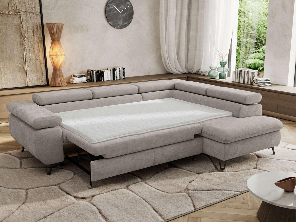 ECKSOFA PABLO L Hellgrau Schenille glatt - Rechts Seite mit Visco Topper - Hellgrau/Schwarz, Textil/Metall (273/208cm) - MKS