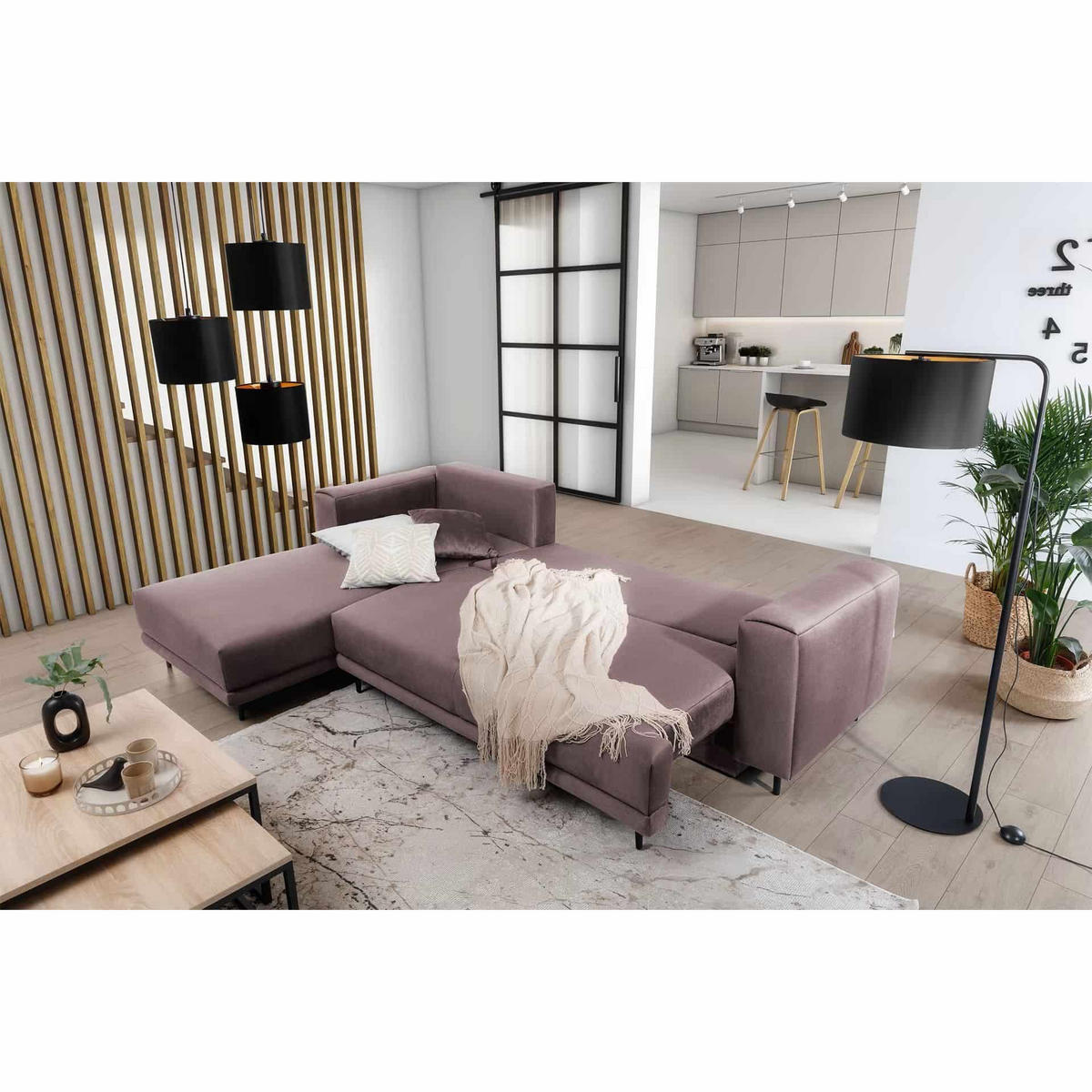 ECKSOFA mit Schlaffunktion und Bettkasten, Loco-Stoff - Flieder/Schwarz, Textil/Metall (289/190cm) - Eltap
