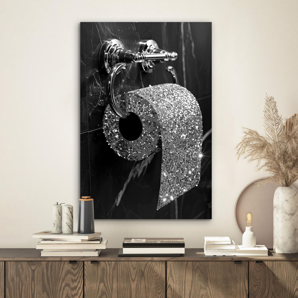METALLBILD WC - Toilettenpapier - Schwarz und weiß - Glitter 40x60 cm - Silberfarben, Metall (40/60cm) - MuchoWow