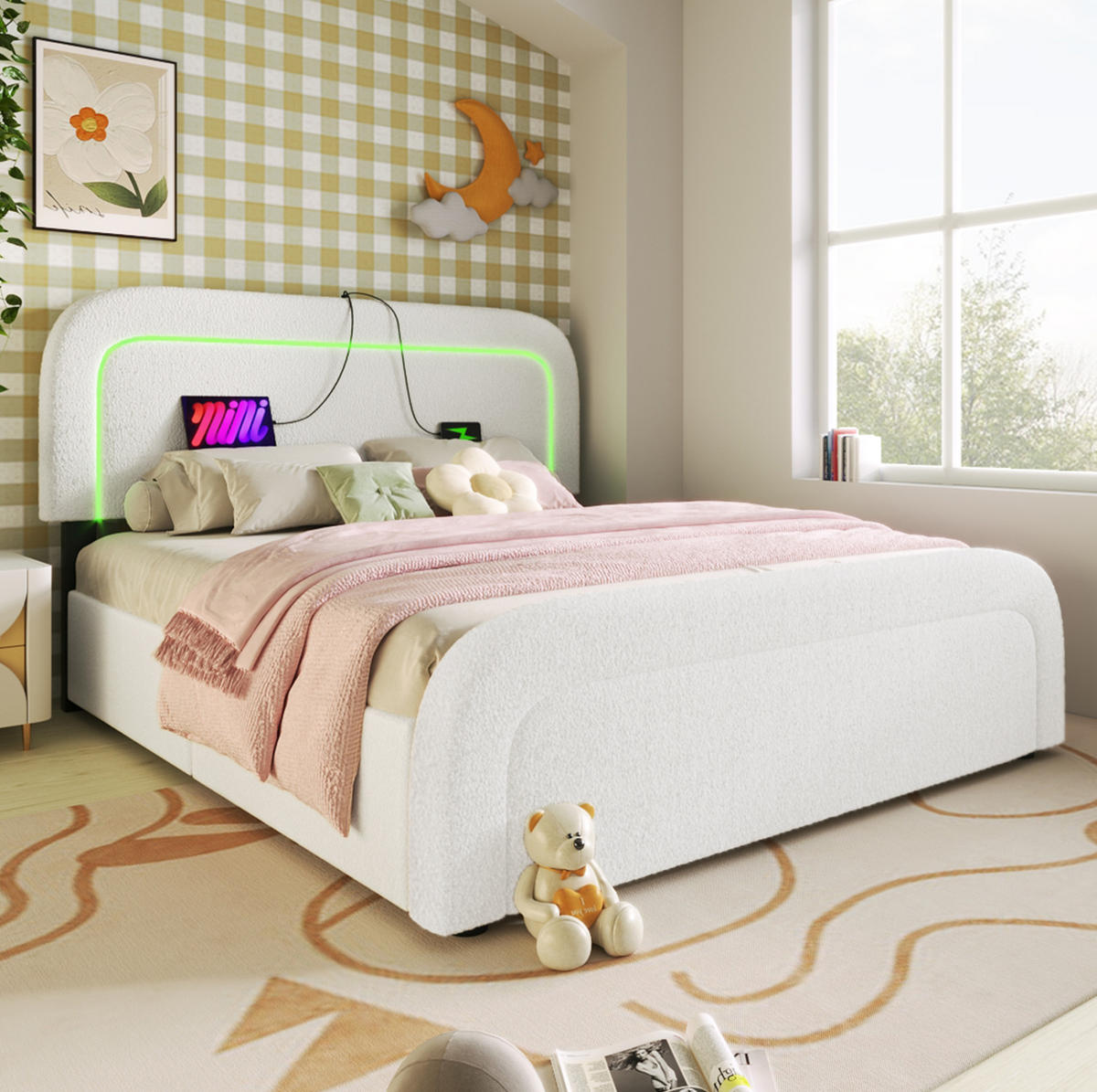 BETT mit 4 Schubladen, USB-C und LED 160x200 cm Sherpa Weiß mit Matratze - Weiß, Metall (160/200cm) - Beauniv