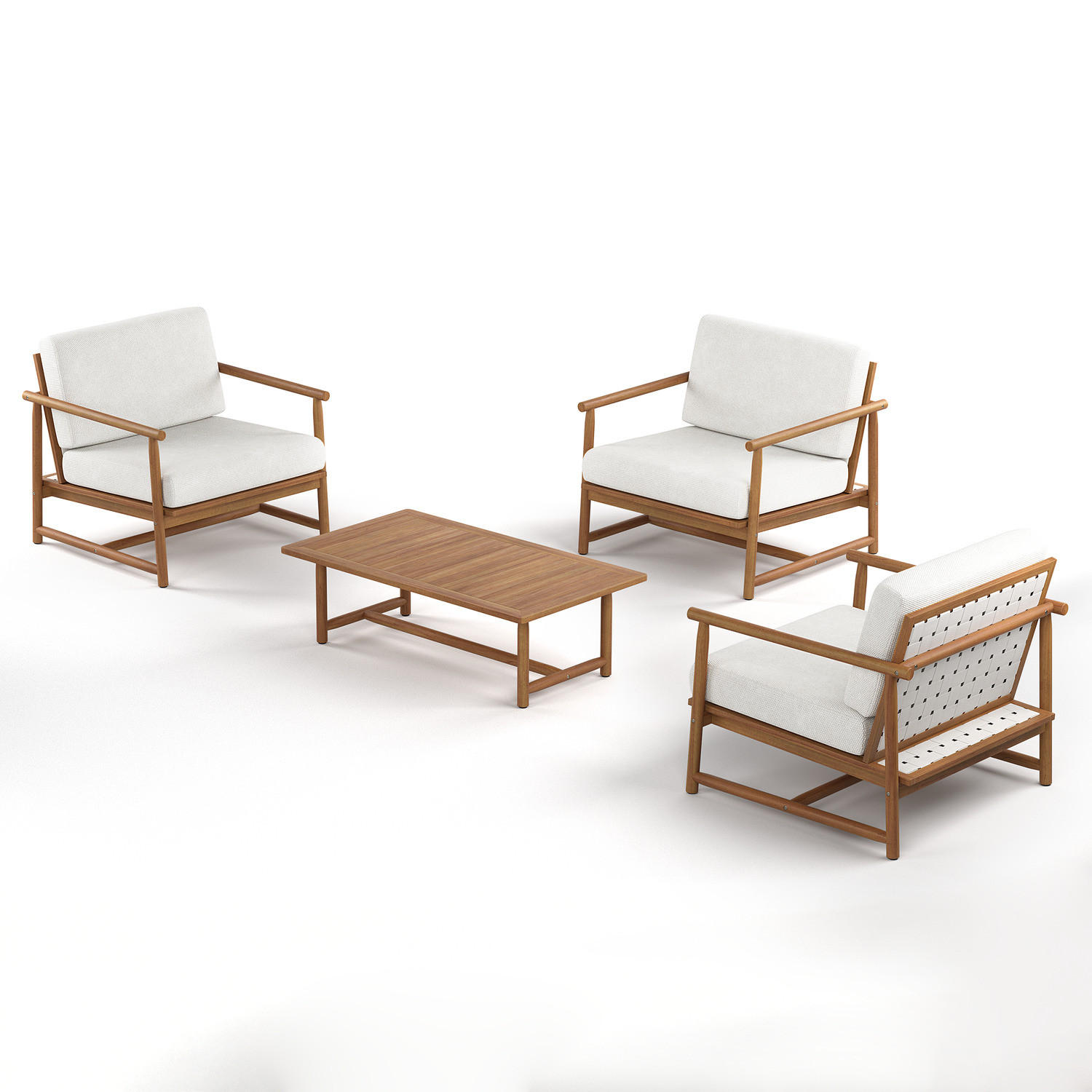 LOUNGEGRUPPE - 4-teilig - Akazie massiv / Webstoff - Akazie Braun / Creme - Creme/Akaziefarben, Holz/Kunststoff - home24