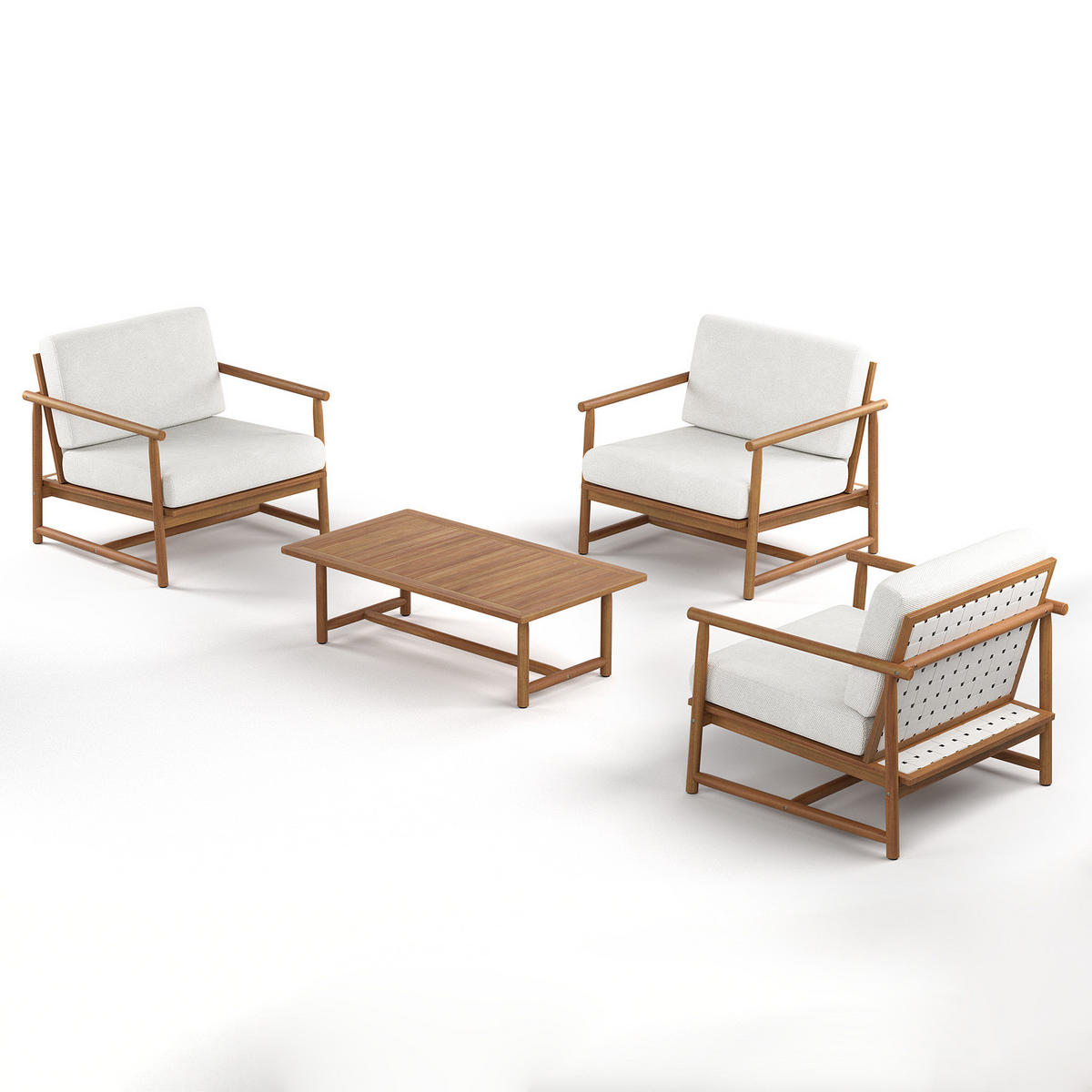 LOUNGEGRUPPE - 4-teilig - Akazie massiv / Webstoff - Akazie Braun / Creme - Creme/Akaziefarben, Holz/Kunststoff - home24