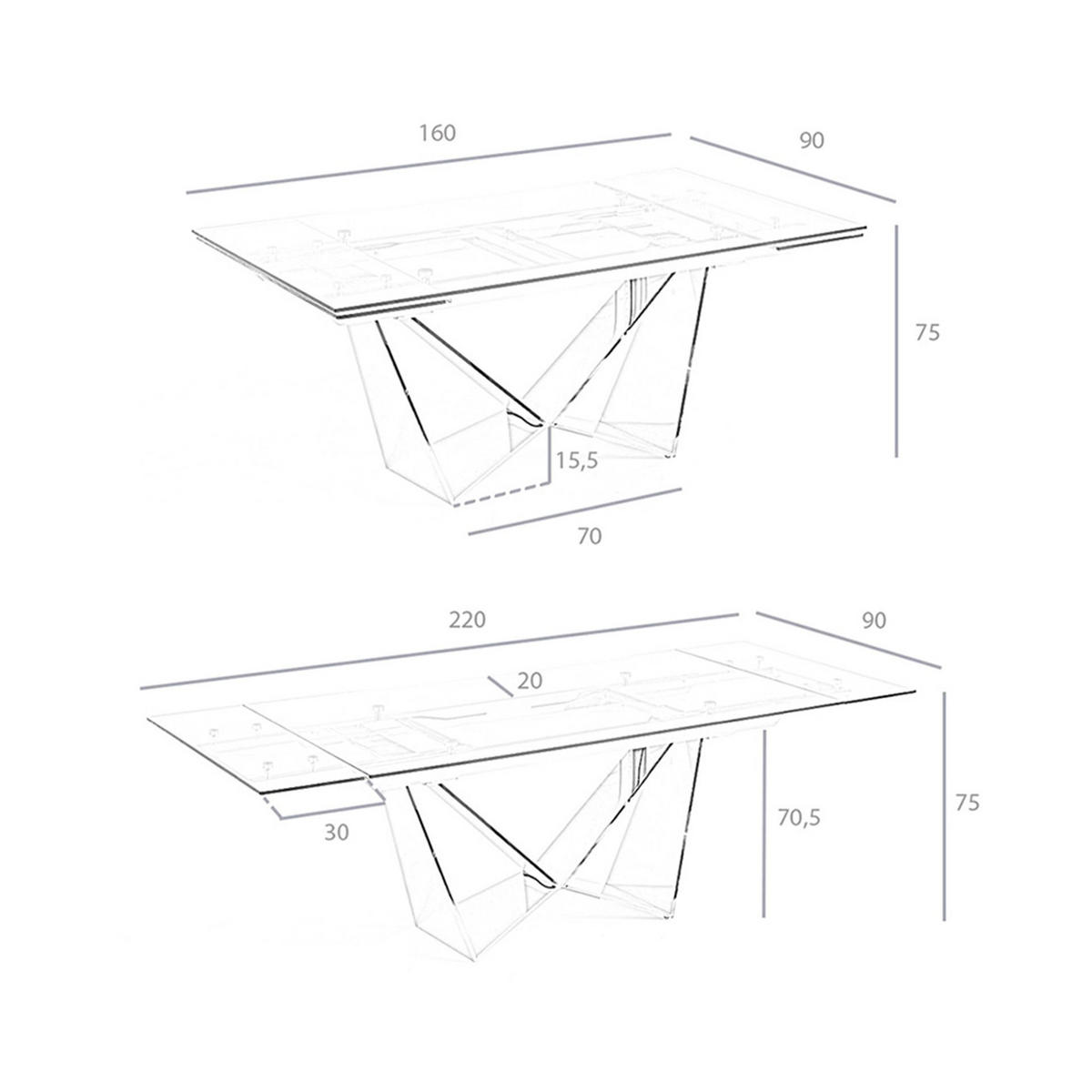 ESSTISCH Ausziehbarer Esstisch Rechteckig gehärtetes Glas aus verchromter Stahl 160/90/75 cm - Edelstahlfarben/Transparent, Metall (90/160/75cm) - ANGEL CERDA