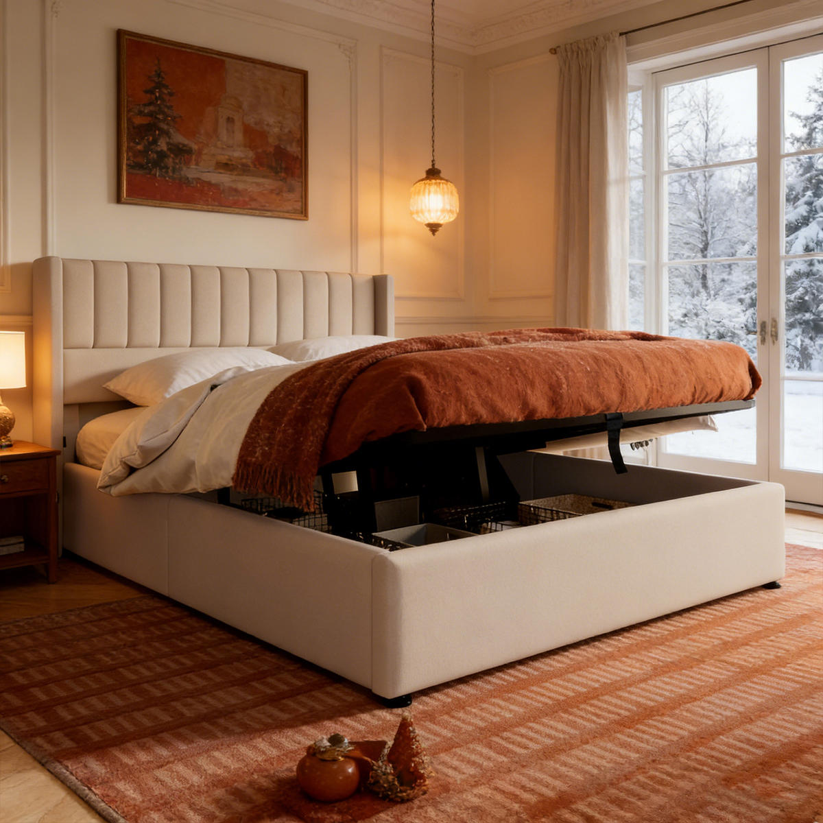 BETT 160x200 cm mit Hydraulischer Bettkasten, Doppelbett 160x200 cm, Skandinavischer Stil, Polsterbett, Leinen Beige - Beige, Textil/Metall (160/200cm) - GENKI LIVING