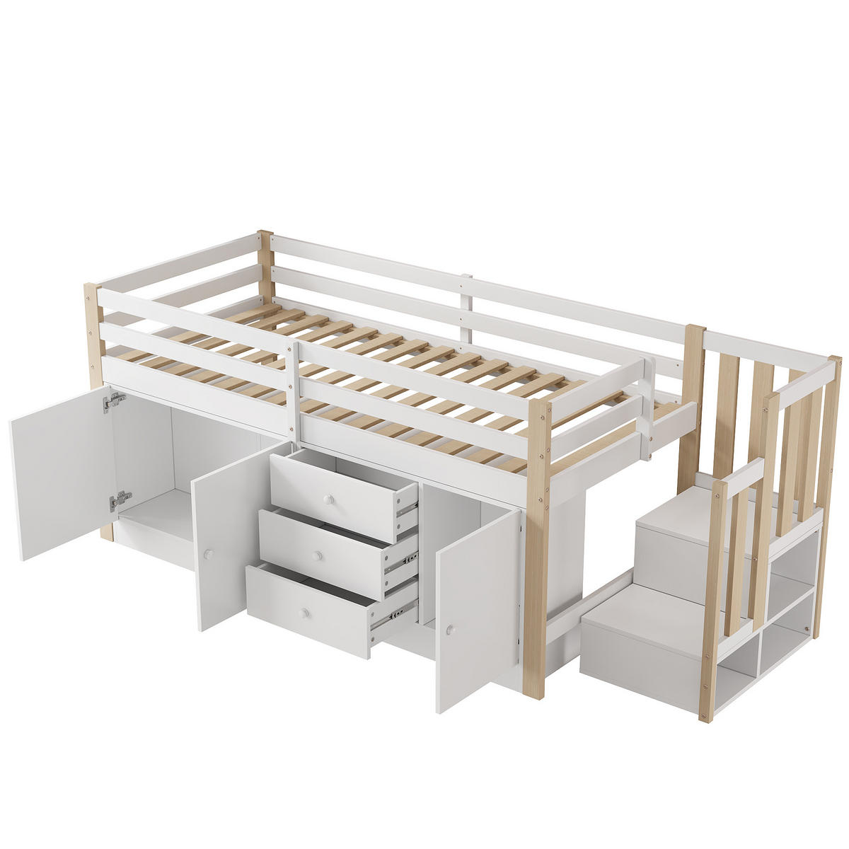 KINDEREINZELBETTEN aus MDF 90x200 cm in Weiß mit Treppe, Schubladen & 2 Schränken - Weiß, Holzwerkstoff (90/200cm) - Modfu