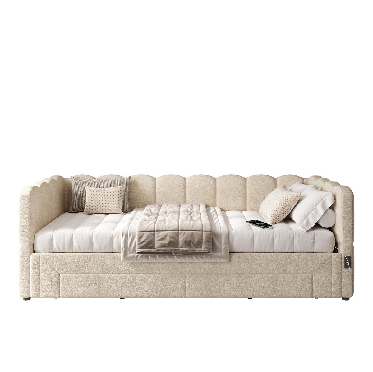 POLSTERBETT 90/200 cm beige aus Chenille mit Ausziehfunktion und USB-Anschluss - Beige, Textil (90/200cm) - OKWISH