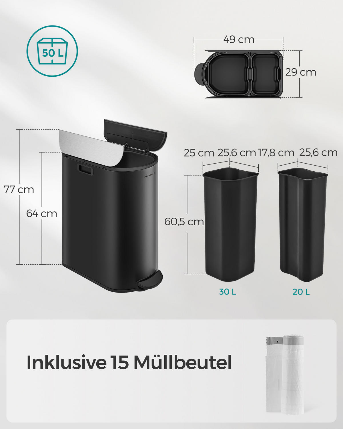KÜCHEN-MÜLLEIMER Pod - Schwarz, Metall (29/64/54cm) - SONGMICS