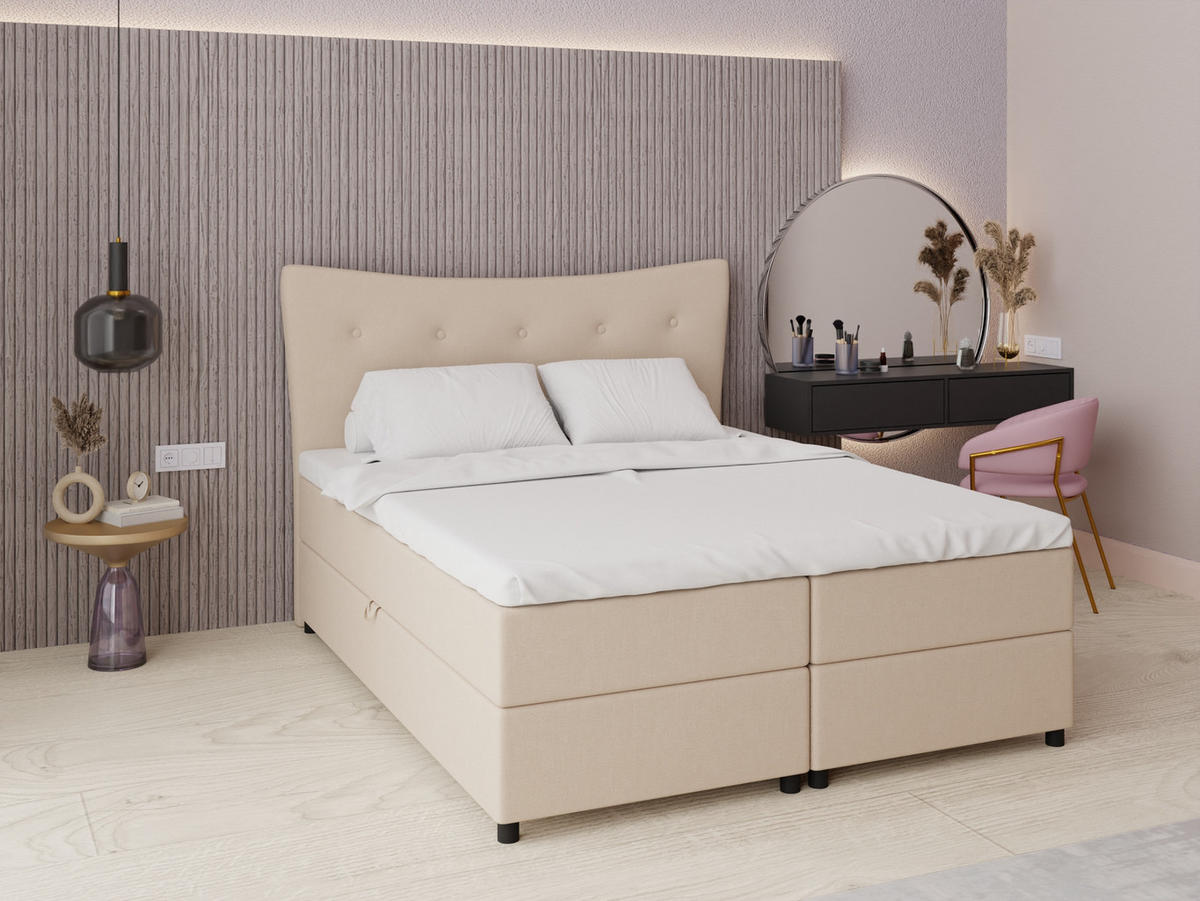 BOXBETT Nevada 160 x 200 cm Doppelbett mit hochwertiger Bonell-Matratze und Topper - beige - Beige, Holz (160/200cm) - Panda Möbel