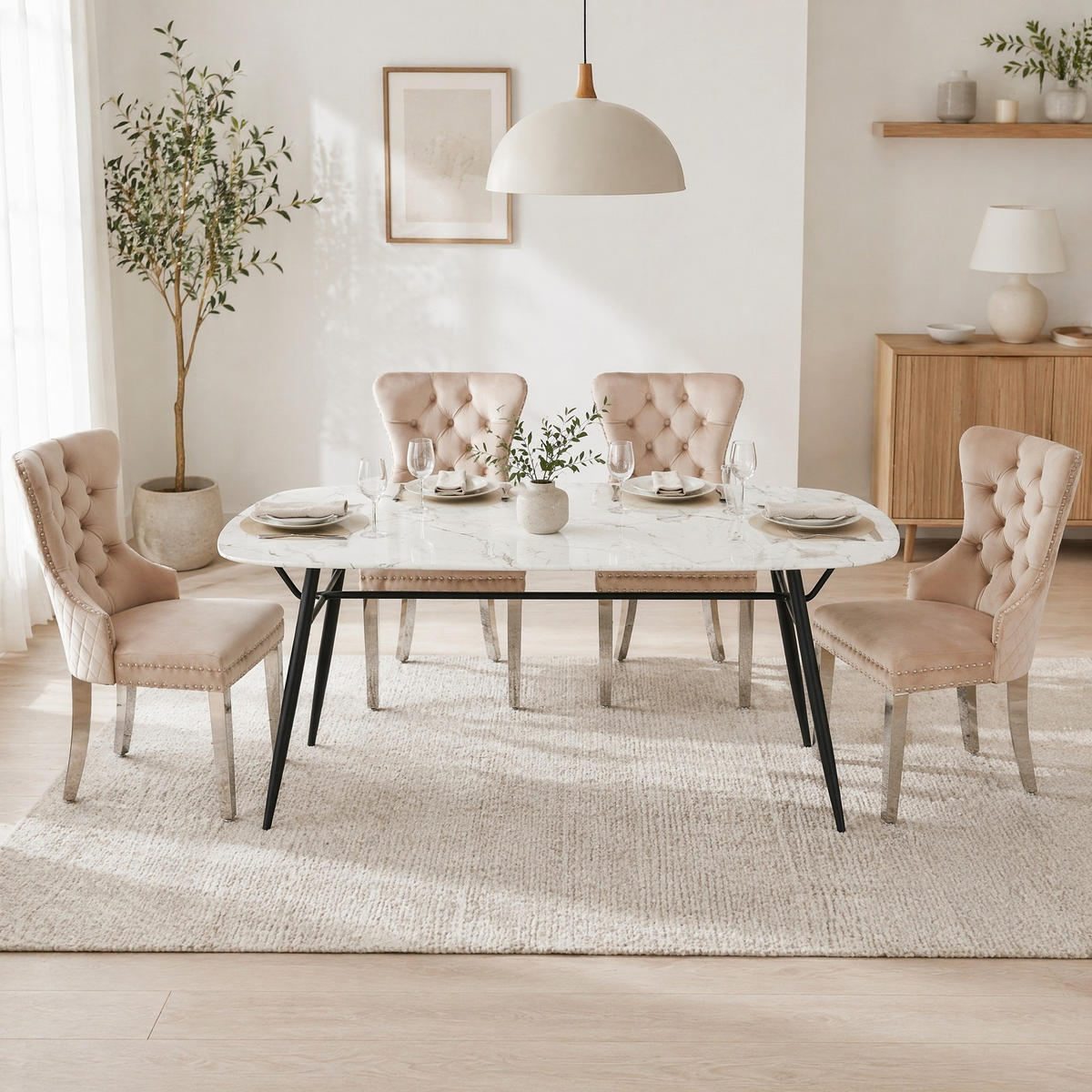 WOHNZIMMER STÜHLE mit Samtbezug, Nagelkopfbesatz und Metallbeinen, Beige - Beige, Textil (53/94.5/62.5cm) - EVRYAE