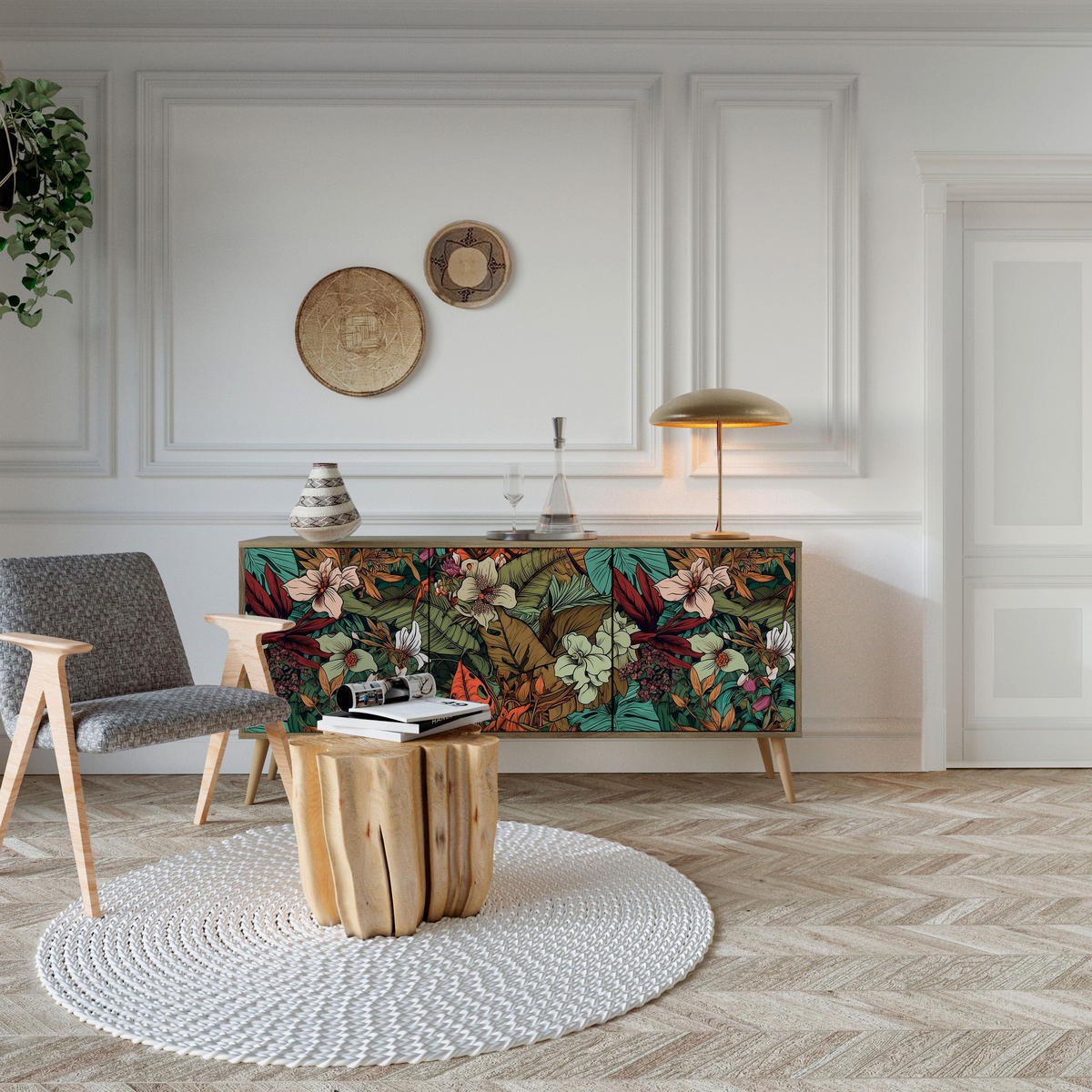 SIDEBOARD BOTANICAL EMERGENCE, Eicheneffekt, 164,5x42x77,5 cm, 3 Türen - Eichefarben/Buchefarben, Holzwerkstoff/Buchenholz (164.5/77.5/42cm) - SpaceRebels