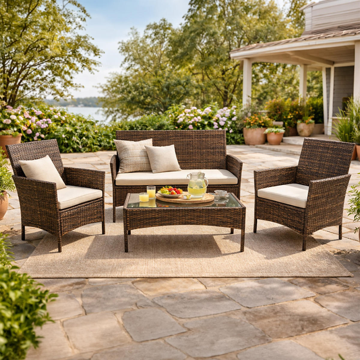 GARTENMÖBEL Set Loos Beige für 4 Personen aus Geflochtenem Kunststoff - Beige, Metall - Concept Usine