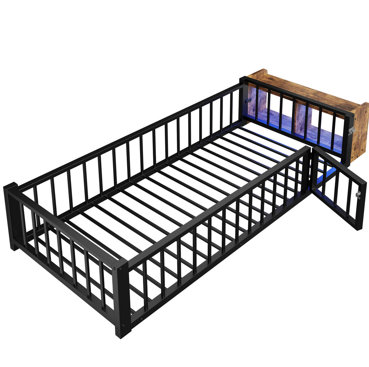 KINDERBETT 90/200 cm, Schwarz mit Schutzgeländer und LED, ohne Matratze - Schwarz, Metall (90/200cm) - MIVRAY