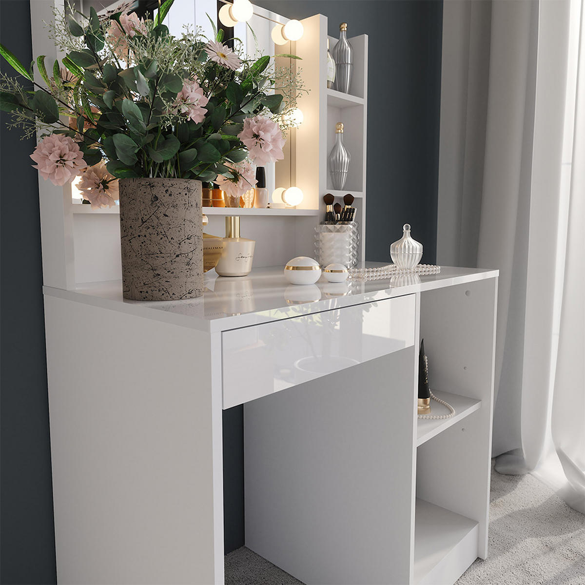 SCHMINKTISCH Sherry Weiß/Weiß Hochglanz 89.8 cm 4 Teile - Weiß Hochglanz, Holzwerkstoff (89.8/76/50.1cm) - Vicco