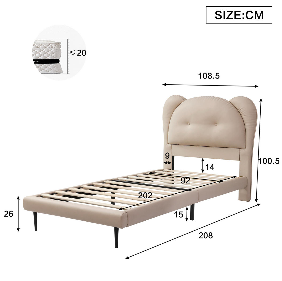 POLSTERBETT 90/200 cm Beige mit niedlichem Kopfteil in Tierform aus PU - Beige, Kunststoff (90/200cm) - OKWISH