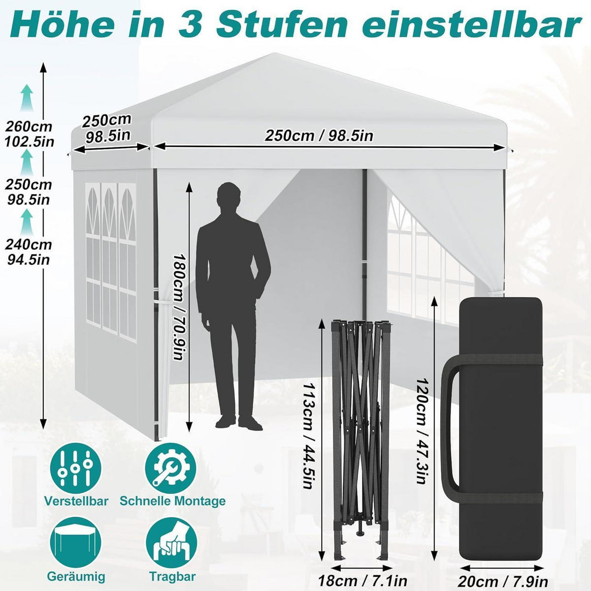 FALTPAVILLON 2,5 x 2,5 m mit One-Touch Lift und Seitenwänden Weiß - Weiß, Textil (250/260/250cm)