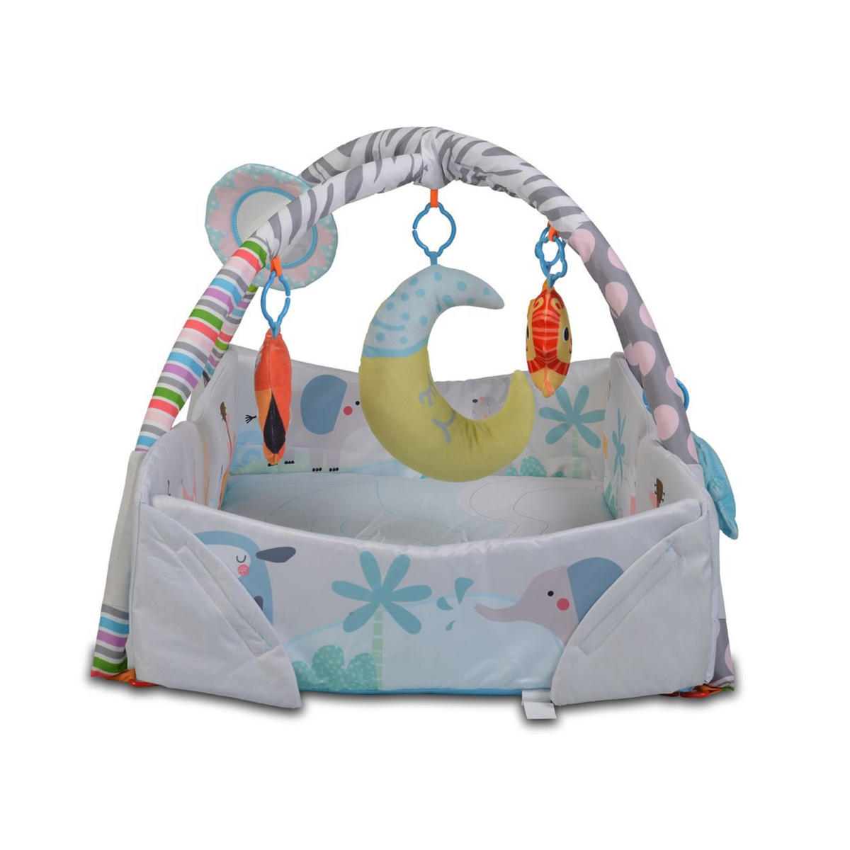SPIELBOGEN 2 in 1 Oase grau 115 x 98 cm, Krabbeldecke, Kissen, Bällebad, abnehmbar, ab 6 Monate - Grau, Textil (98/50/115cm) - Moni