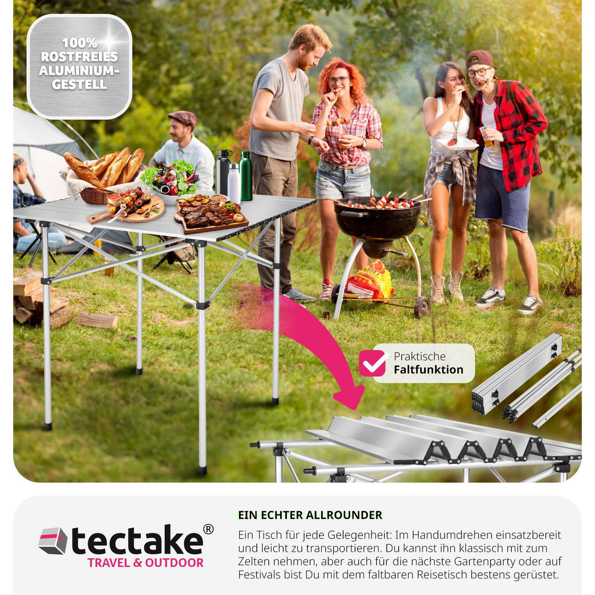 CAMPINGTISCH ,70 x 70 x 70 cm,grau - Grau, Metall (70/70/70cm) - tectake