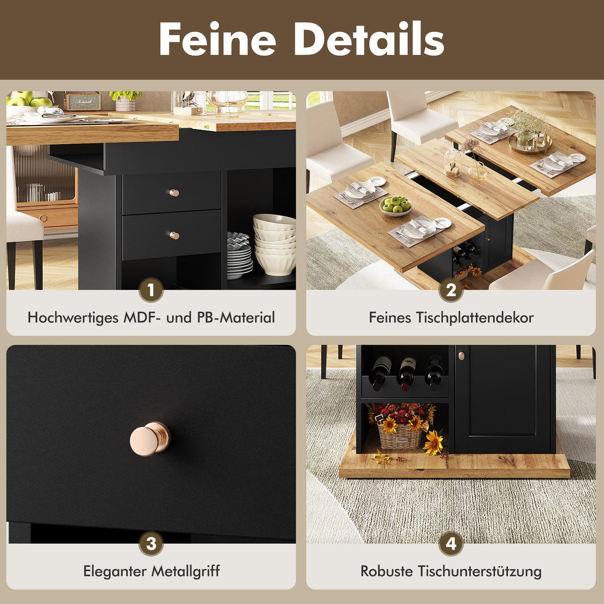 ESSTISCH, ausziehbar 110-140/80/75 cm mit Stauraum & Snack-/Weinregal, Schwarz/Natur - Schwarz, Holzwerkstoff (110/80/75cm) - Redom