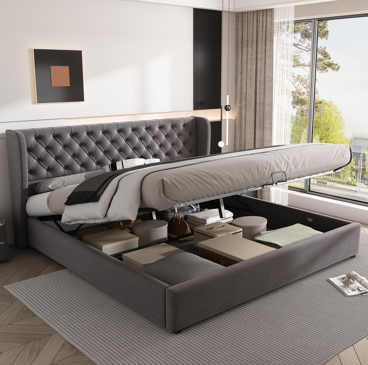 POLSTERBETT aus Samt 180x200 cm in Grau mit Bettkasten & Lattenrost - Grau, Textil (180/200cm) - Modfu