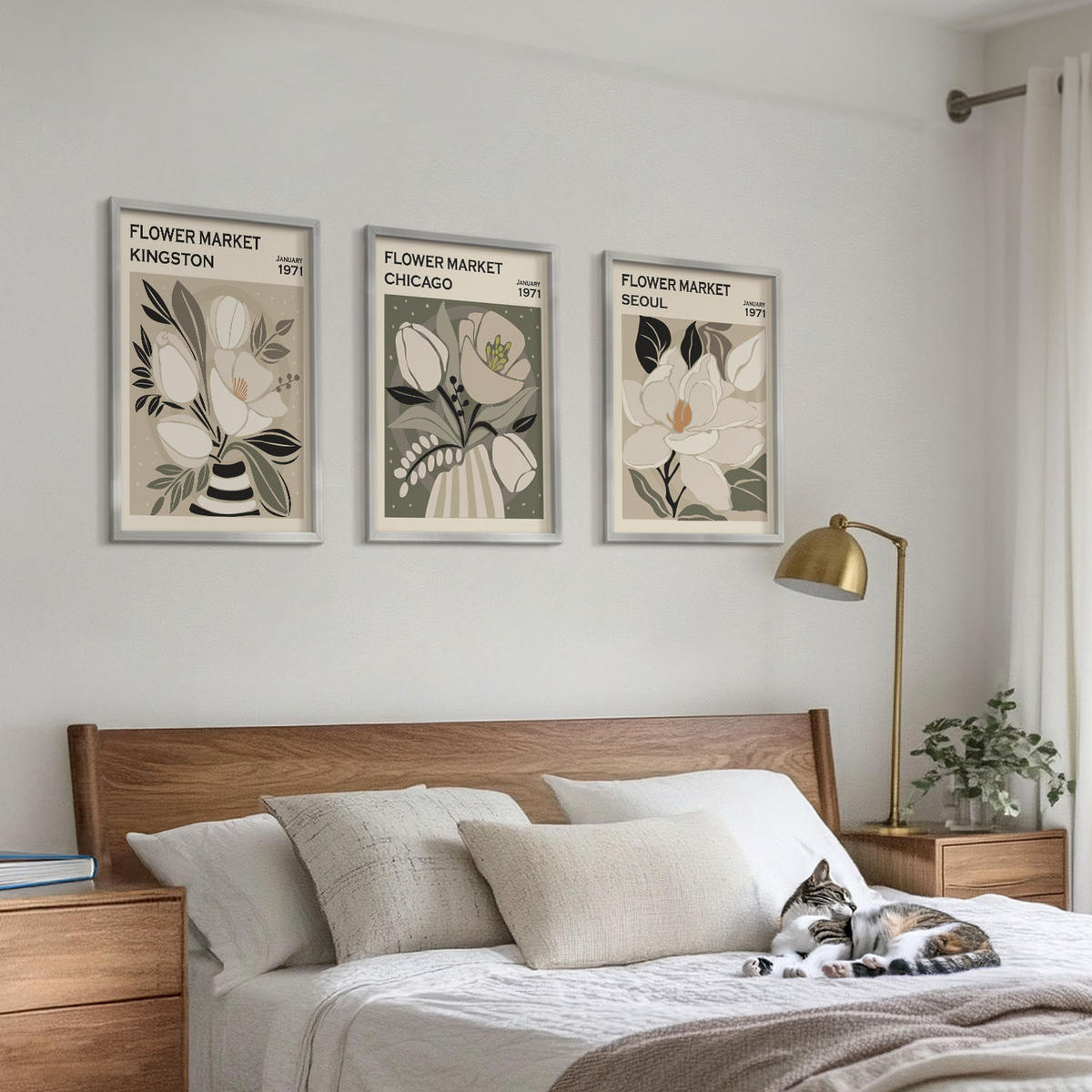WANDBILDER 3er Set - 40x60 cm Silberner Rahmen - Blumen Kingston Seoul Chicago Retro - Silberfarben, Kunststoff (40/60cm) - ArtPrintCave