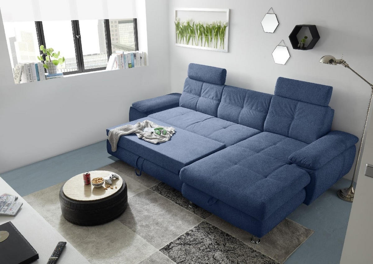 ECKSOFA mit Schlaffunktion und Bettkasten, Brego-Stoff - Chromfarben/Blau, Textil/Metall (177/274cm) - ed exciting design