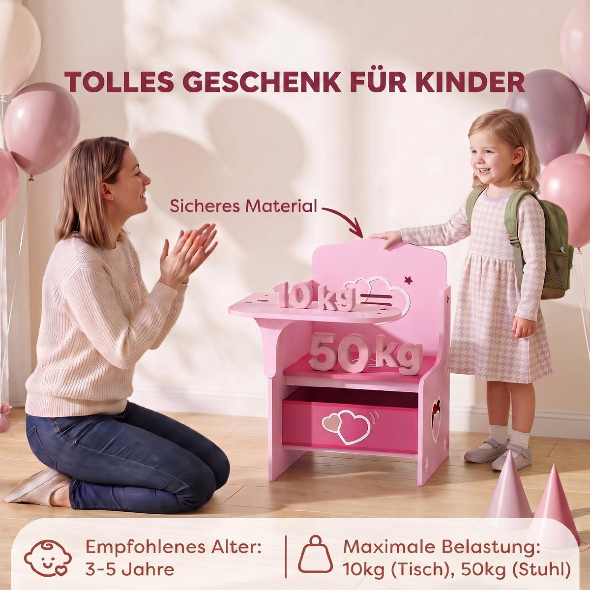 KINDERTISCH-MIT-STUHL MDF Vliesstoff Rosa - Rosa, Holzwerkstoff/Textil (51/59/58.5cm) - AIYAPLAY