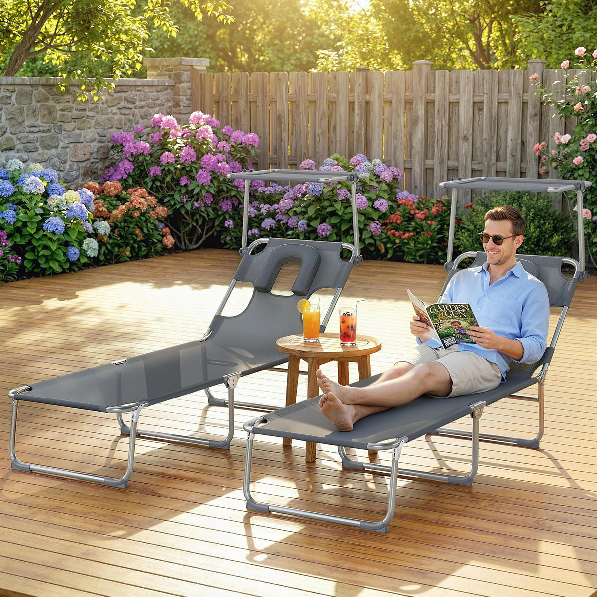 SONNENLIEGE Set aus 2 verstellbaren klappbaren Sonnenliegen mit 360,188*56*27 cm ,Grau - Grau, Metall (56/27/188cm) - Vallsero