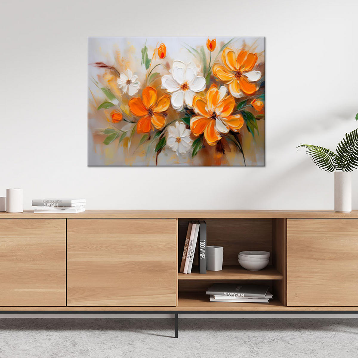 WANDBILD weiße und orangefarbene wildblumen - Orange, Textil (100/70cm) - Feeby