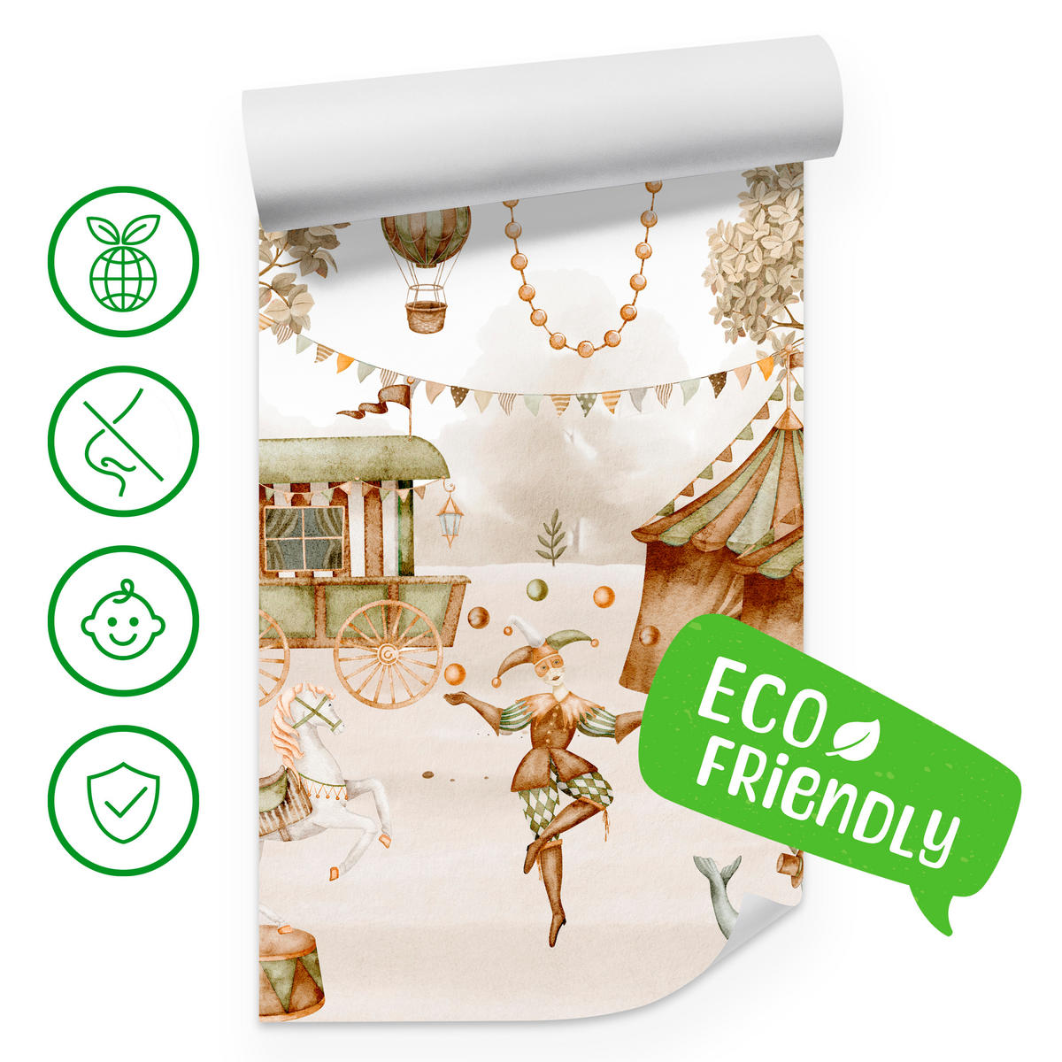 FOTOTAPETE für Kinderzimmer Zirkus Zelt Tiere Ballons Aquarell Bäume 350x256 - Ecru/Beige, Papier (350/256cm) - Muralo