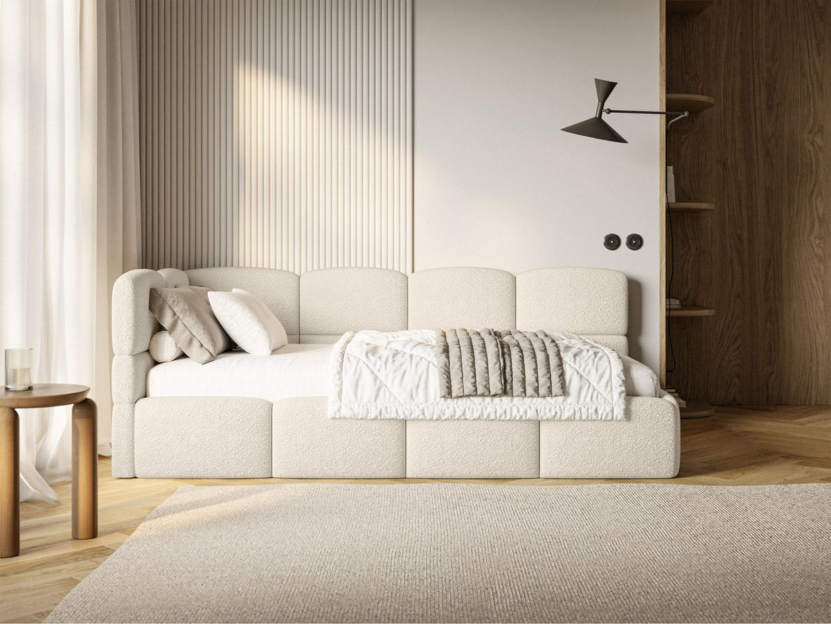 JUGENDBETT Cloudy links mit Matratze Bouclé Hellbeige - Ecru, Kunststoff/Textil (90/200cm) - Selsey