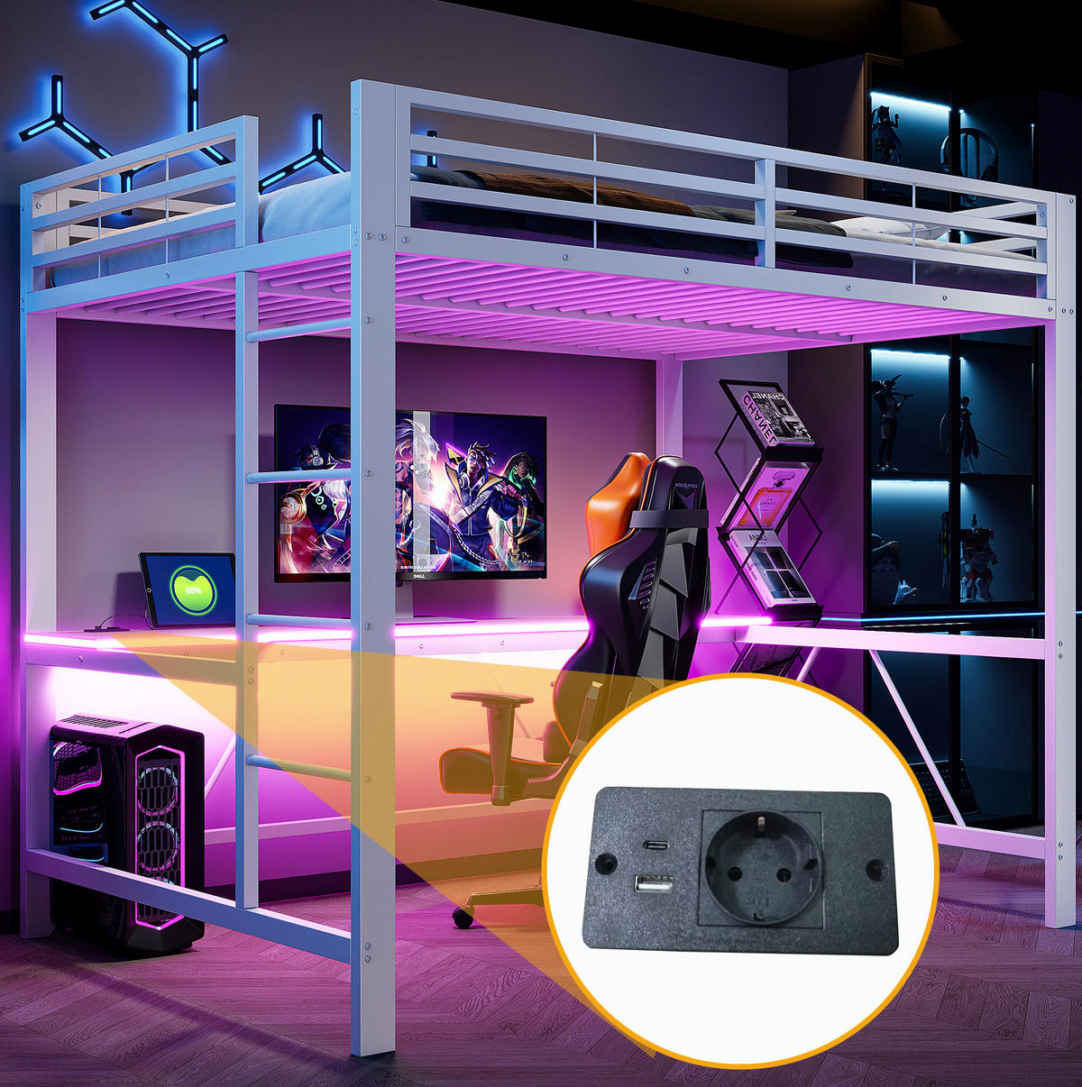 HOCHBETT 140/200 cm aus Metall und MDF mit Schreibtisch, LED-Beleuchtung und USB-Ladestation Weiß - Weiß, Holzwerkstoff (140/200cm) - Modenvie