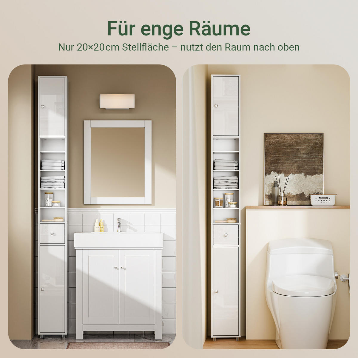 HOCHSCHRANK Weiß, Badezimmerschrank schmal 20x20x180 cm - Silberfarben/Weiß, Holzwerkstoff (20/180/20cm) - SoBuy