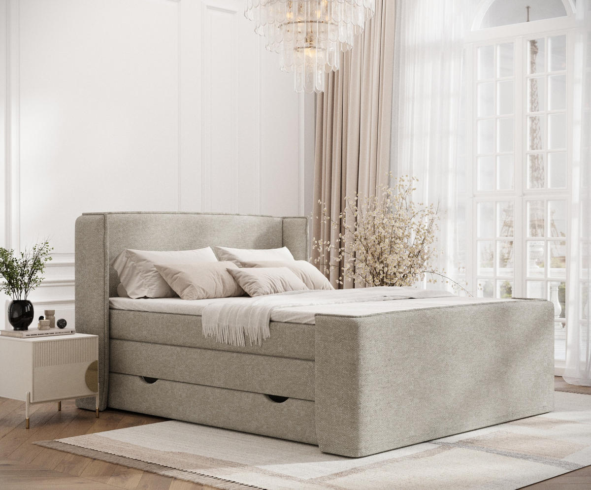 BOXSPRINGBETT Freeland Beige Grau 160/200 cm mit Matratze und Topper - Beige/Schwarz, Holz/Holzwerkstoff (160/200cm) - Maison de Reve