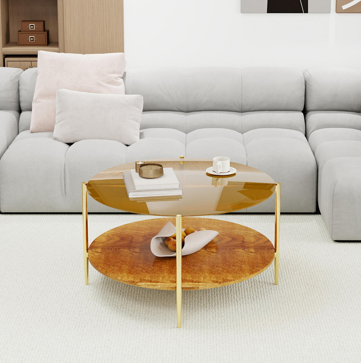COUCHTISCH Ø82/45 cm in Gold mit Glasplatte und Holzablage - Goldfarben, Glas (82/82/45cm) - BEAOK