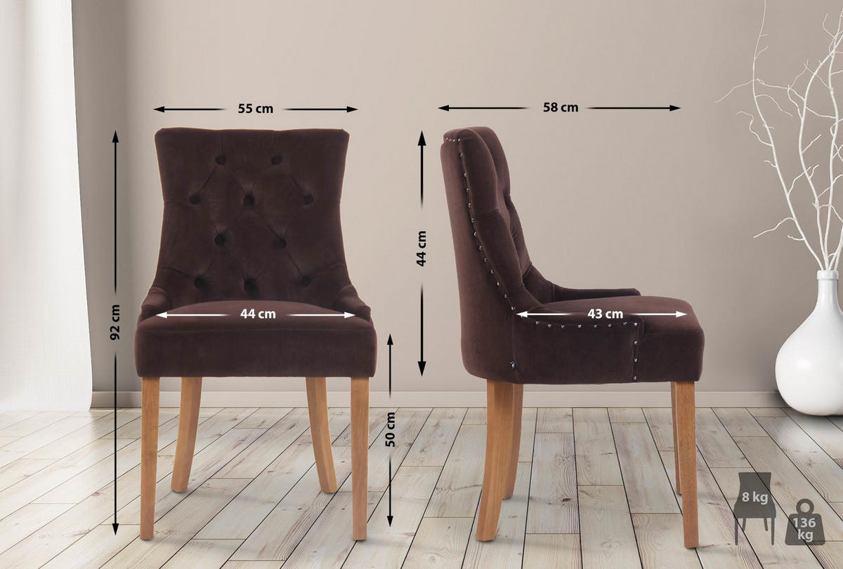 STUHL Samt braun - Naturfarben/Braun, Holz/Textil (55/92/58cm) - CLP