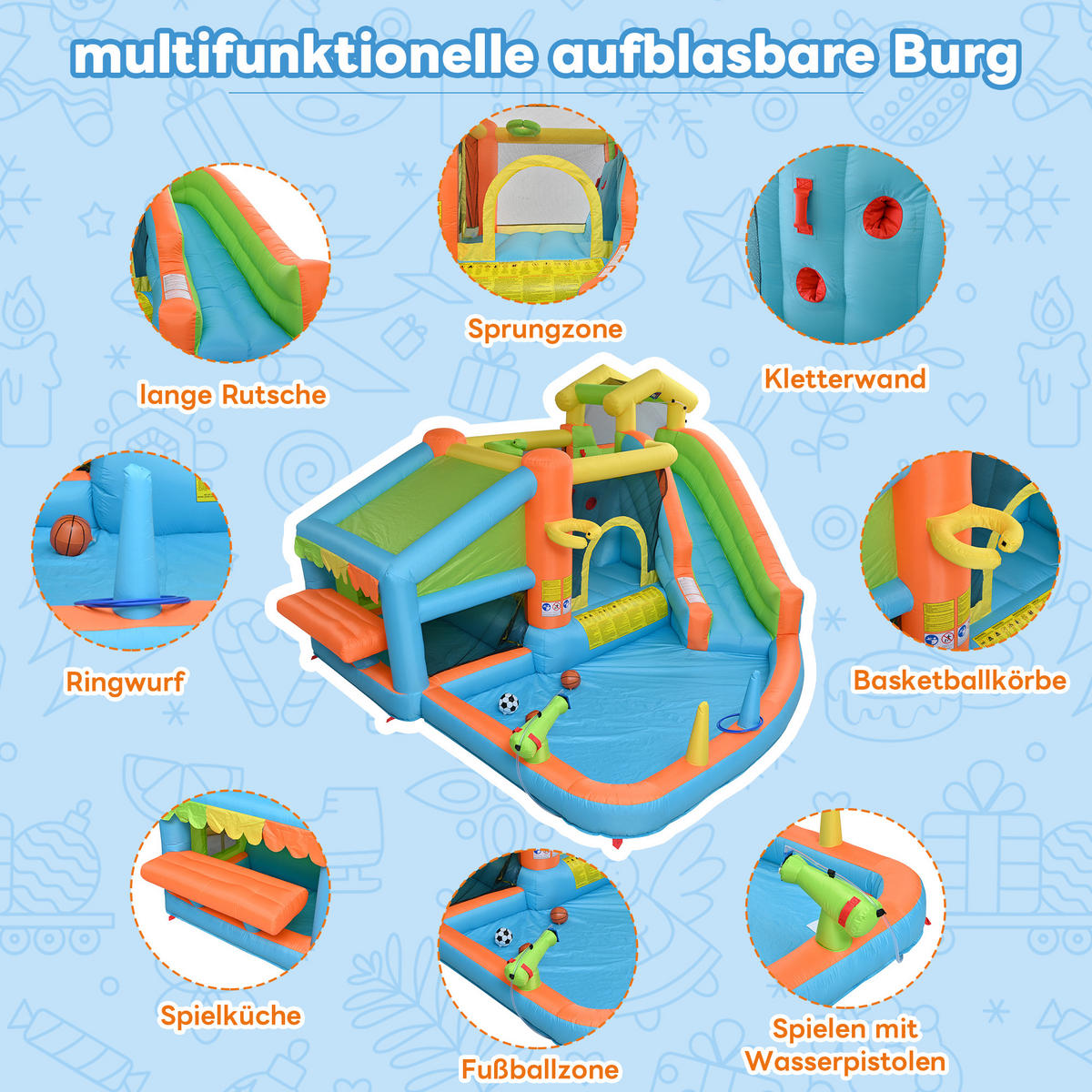 HÜPFBURG Kinder Wasserpark Rutsche Basketball Spielküche - Multicolor, Textil (360/350/210cm) - FLIEKS