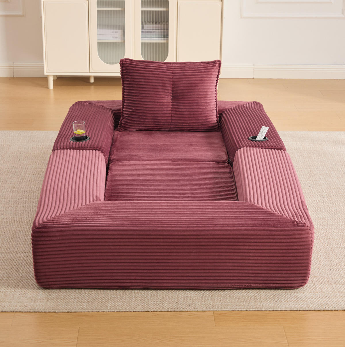 KLAPPSOFA aus Cord mit Seitenfach und Getränkehalter 122 cm Wine Red - Rot, Kunststoff (98/80/122cm) - Meubliv