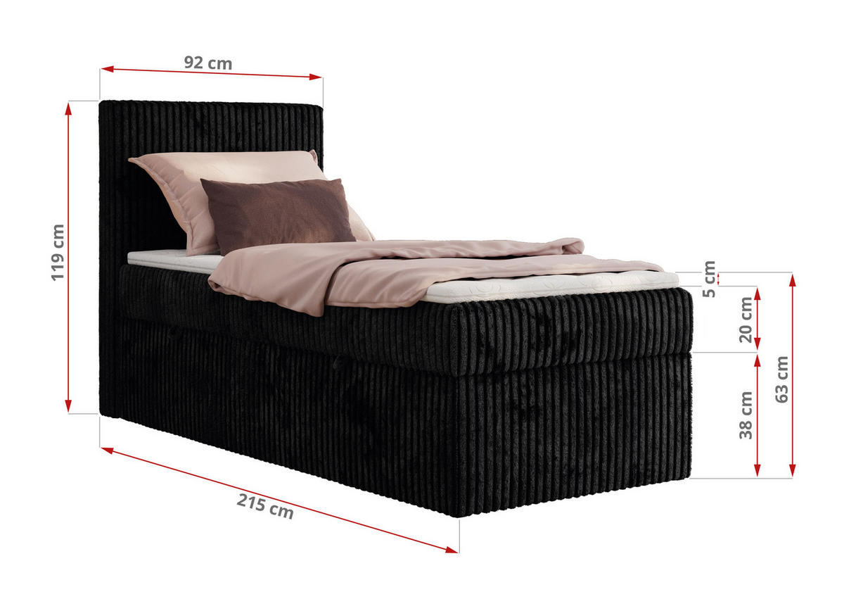 BOXBETT TILIANO 90/200 - Schwarz Cord - H4 - Visco Topper - Rechts - Schwarz, Textil (90/200cm) - MKS
