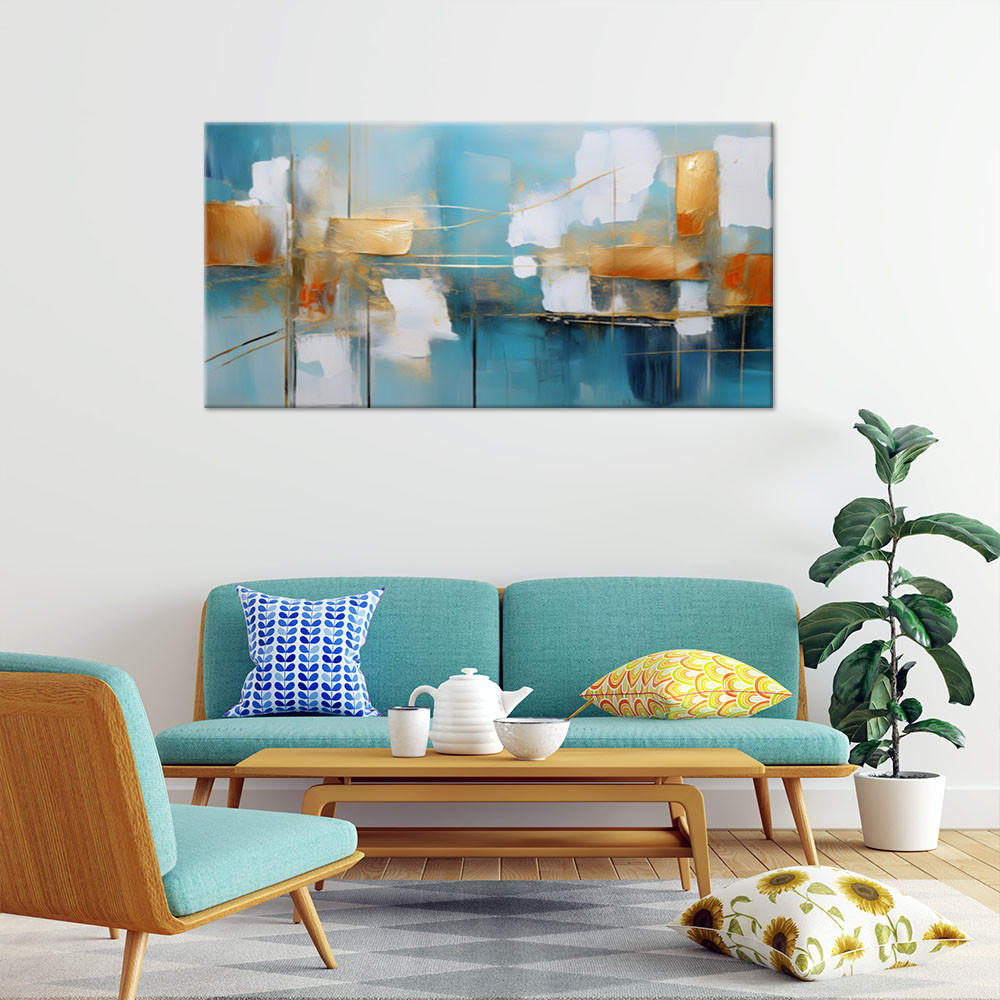 WANDBILD türkise abstraktion mit gold - Türkis, Textil (80/40cm) - Feeby