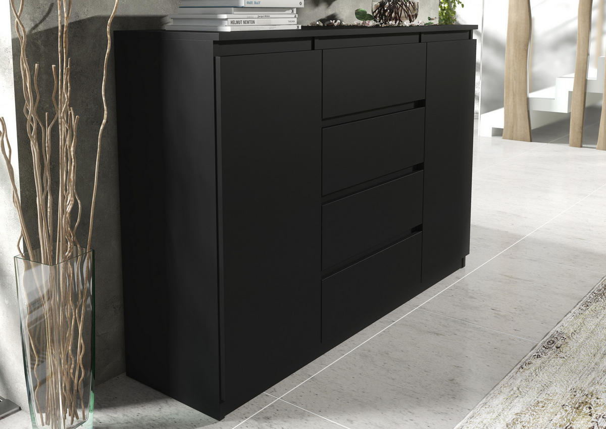KOMMODE NUDO 138,5/101,5/39cm mit 4 Schubladen 2 Türen Schwarz - Schwarz, Holzwerkstoff (138.5/101.5/39cm) - MASSENO