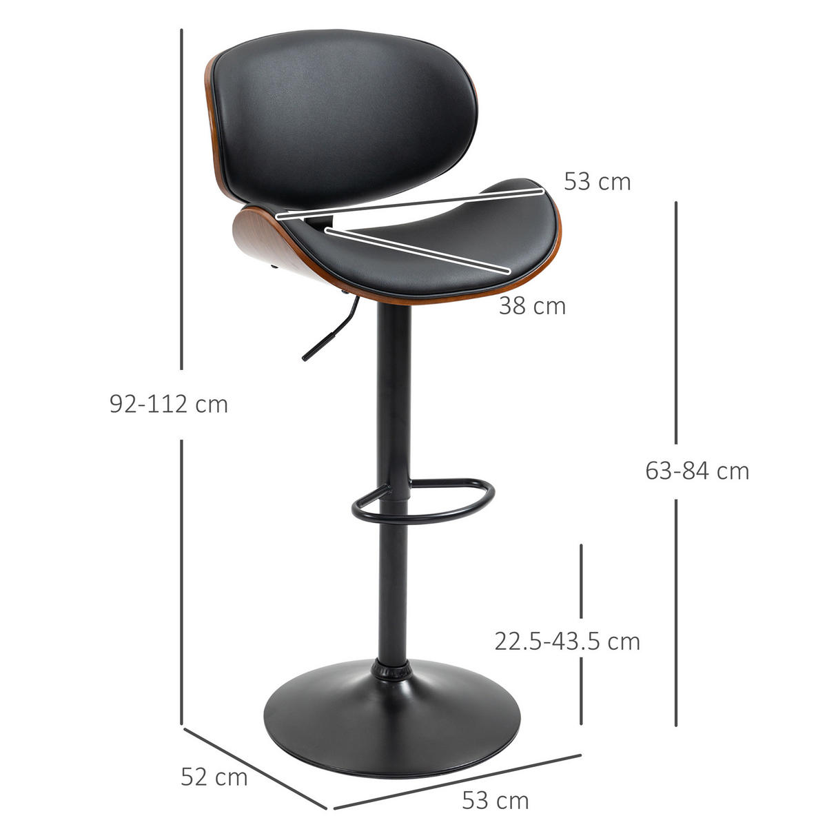 BARHOCKER höhenverstellbar 53 x 52 x 92-112 cm Kunstleder Schwarz 2er-Set - Schwarz, Metall (52/112/53cm) - Meubliv