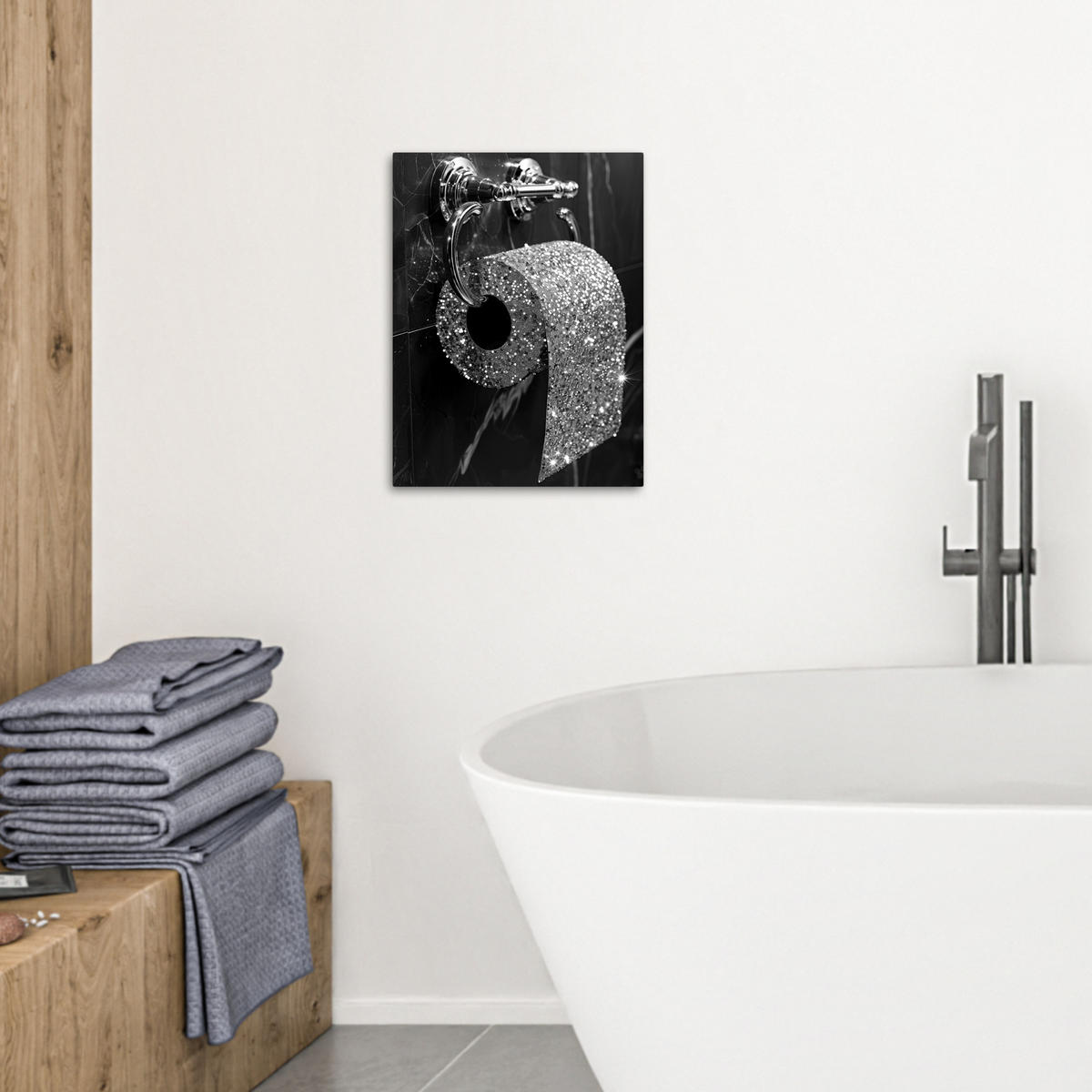 LEINWANDBILD WC - Toilettenpapier - Schwarz und weiß - Glitter 30x40 cm - Silberfarben, Textil (30/40cm) - MuchoWow