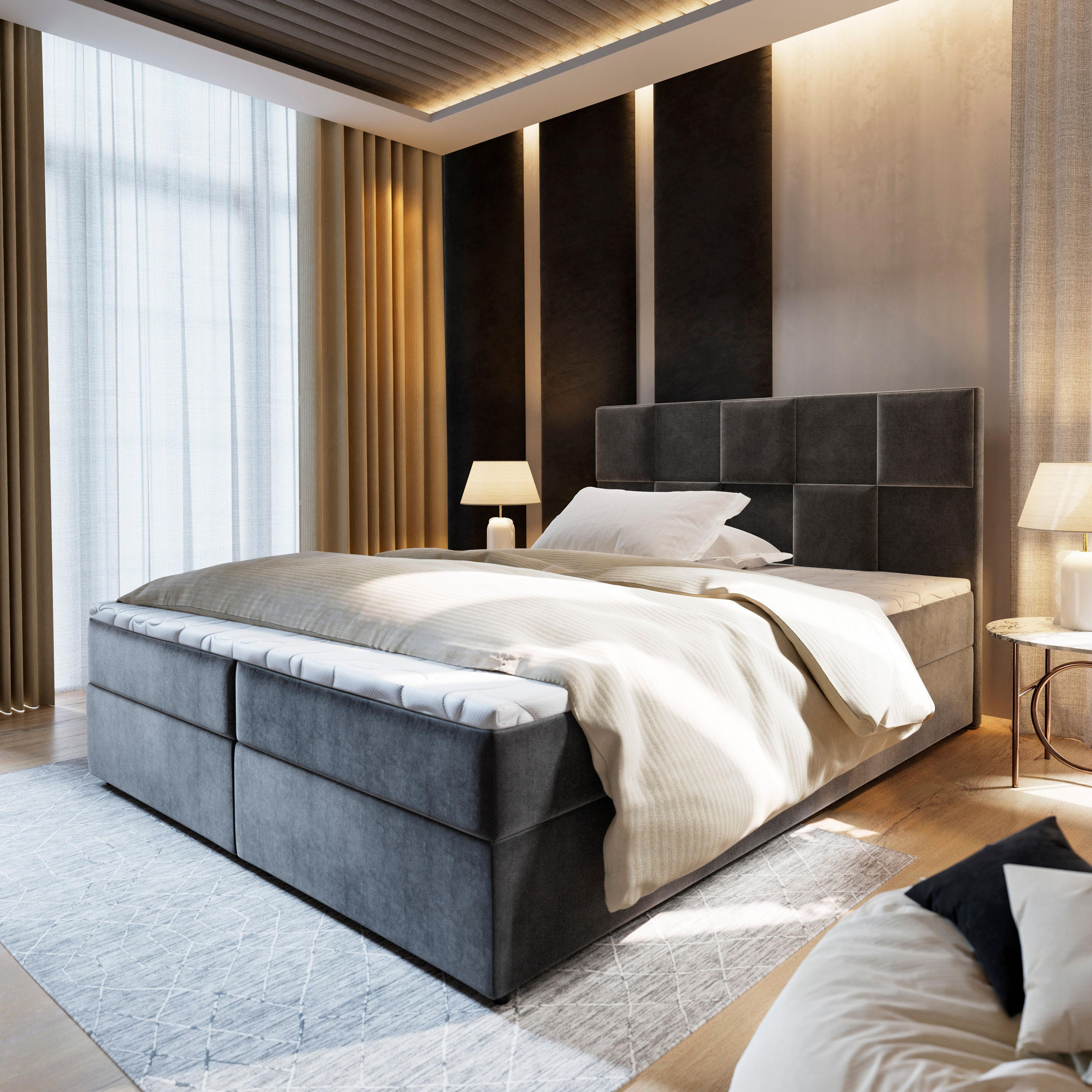 BOXBETT PRATA 140x200 cm mit Matratze und Topper - Grau - Grau, Holz (140/200cm) - MASSENO