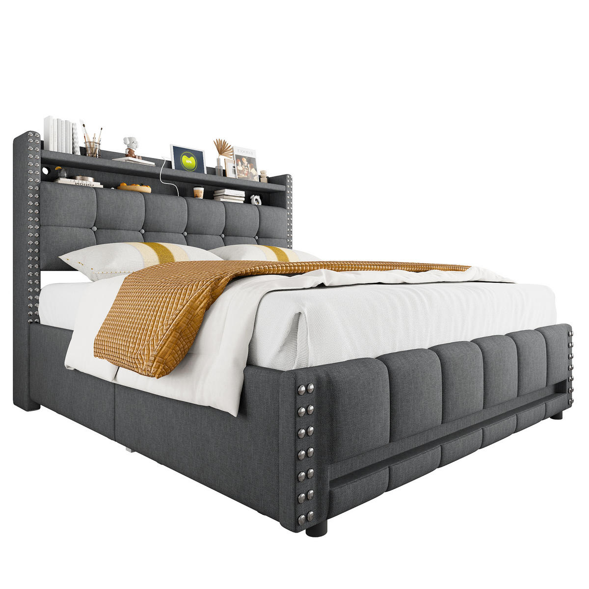 ČALOUNĚNÁ postel, 140/200 cm, šedá, s LED osvětlením, USB a úložnými zásuvkami - šedá, textil (140/200cm) - BEAOK