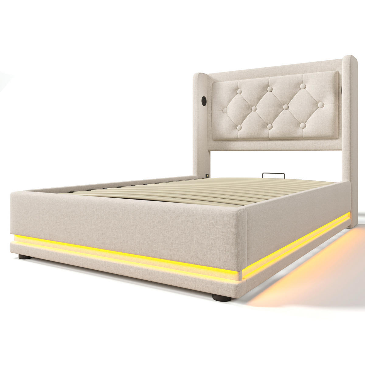 POLSTERBETT 90/200 cm mit Bettkasten, LED und USB-C in Beige - Beige, Textil (90/200cm) - BEAOK