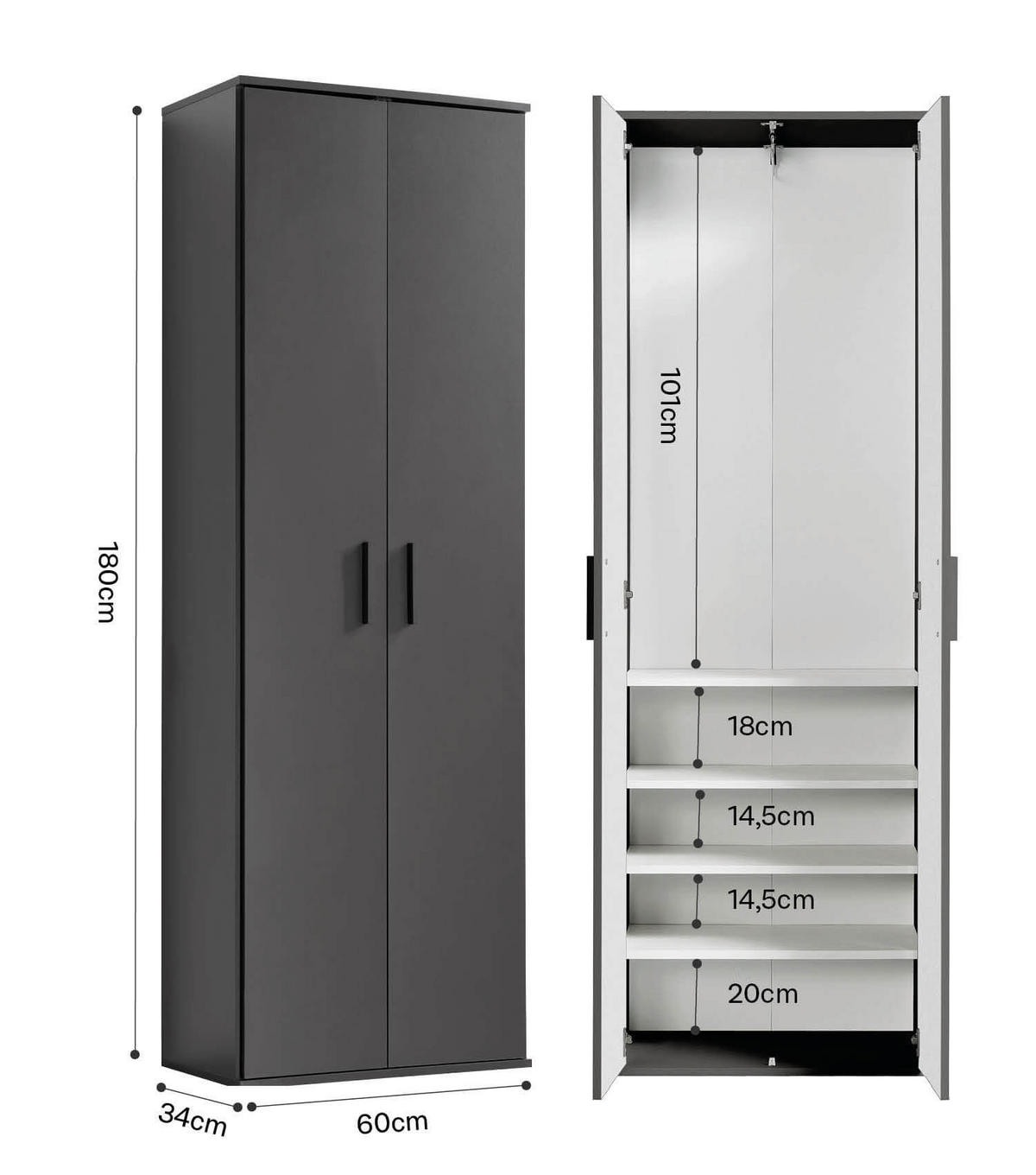 GARDEROBENSCHRANK Der Lange - Anthrazit/Schwarz, Holzwerkstoff (60/180/34cm) - Mokebo